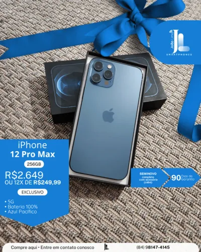 IPHONE 12 PRO MAX, 256GB, AZUL PACÍFICO, BAT 100%, SEMINOVO, EXCLUSIVO!