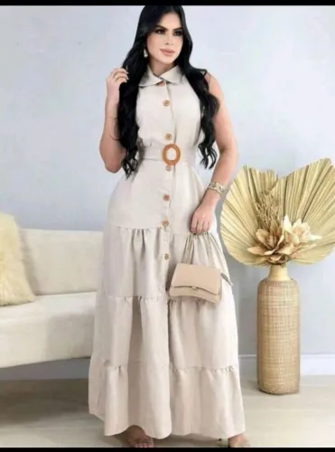Vestido Longo Feminino Duna Forrado com Sinto