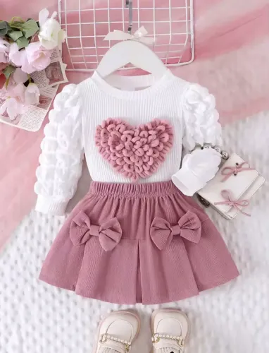 Conjunto Infantil Luxo Coração Relevo e Saia com Lacinhos Tam 2a3 anos