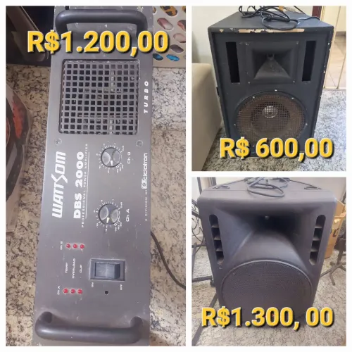 Equipamento de som de palco com 01 amplificador, 02 caixas auxiliares e 01 caixa ativa.