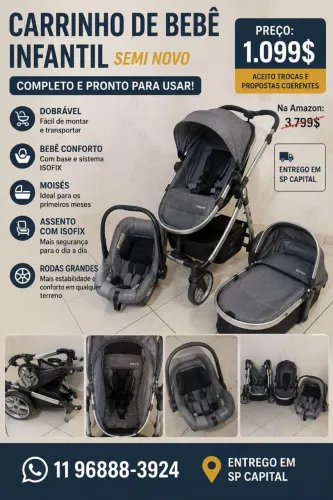 Carrinho + assento + bebe conforto infanti lite com isofix muito novo