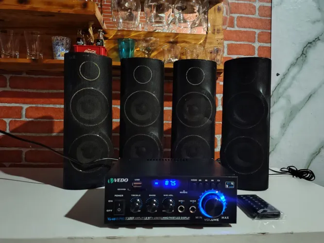 Som ambiente Bluetooth USB SD auxiliar FM com controle remoto e 4 caixinhas