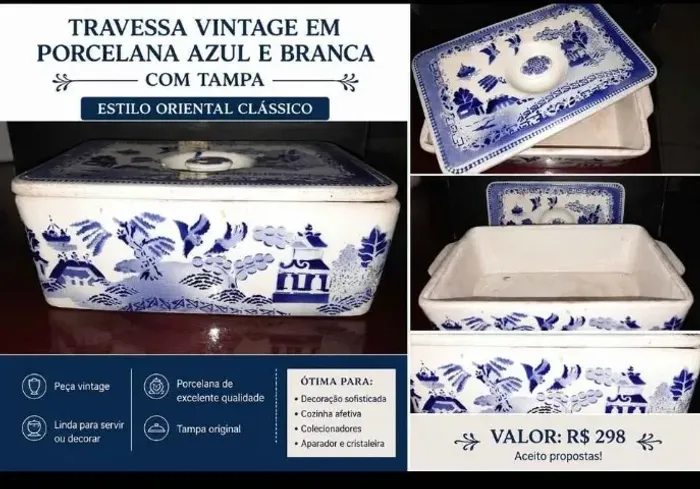 Travessa Vintage - Porcelana Azul e Branco