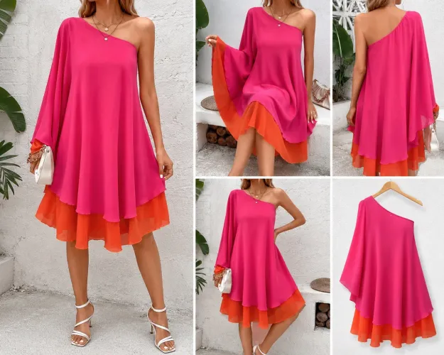 Vestido Assimétrico Bicolor de Um Ombro | Elegância e Sofisticação