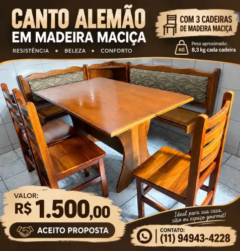 MESA DE MADEIRA MACIÇA + 3 CADEIRAS | CANTO ALEMÃO