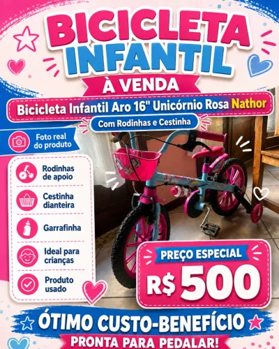 Bicicleta Infantil Aro 16" Unicórnio Rosa Nathor Com Rodinhas e Cestinha