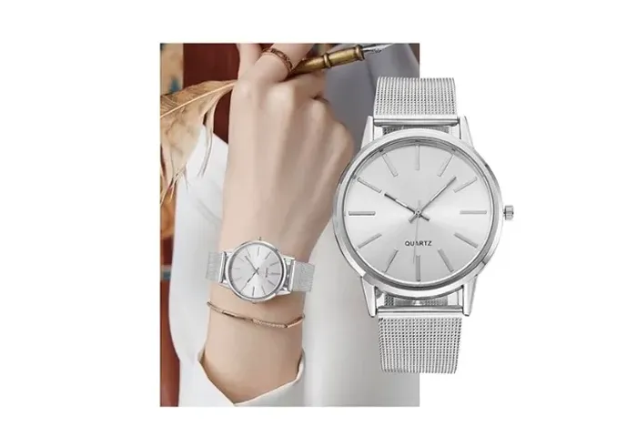 Relógios Femininos Quartzo de Luxo, Elegante Prata Minimalista, Pulseira Aço Inoxidável