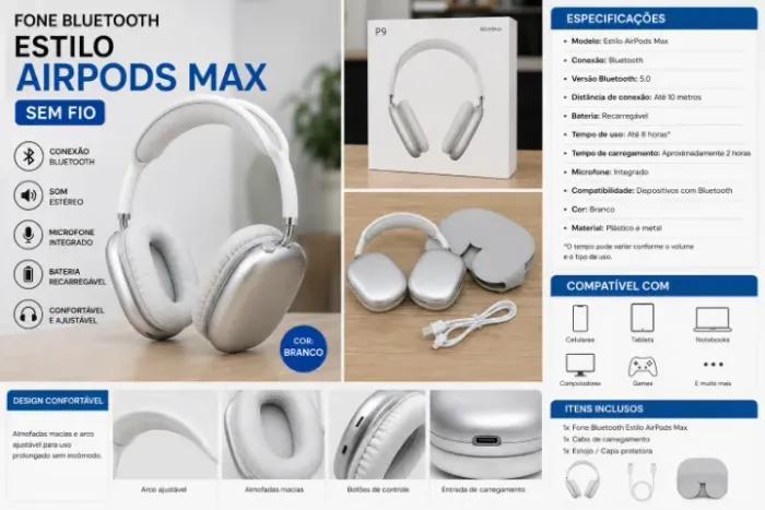 Fone Bluetooth Estilo AirPods Max Sem Fio Branco