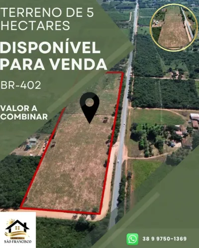 Terreno de 5 Hectares(50.000m2) na BR MG-402, a 2km de São Francisco - MG