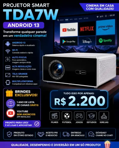 Projetor Smart TDA7W Android 13 - Cinema em Casa + Brindes!