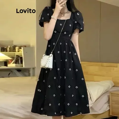 Vestido Preto Casual com Mangas Bufantes Estampa Florais