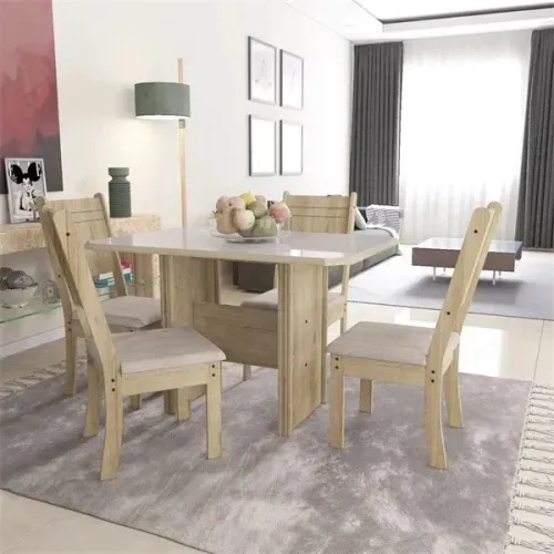 CONJUNTO MESA 4 CADEIRAS NEW CHARM 1,10 CASTANHO/OFF LINHO 797