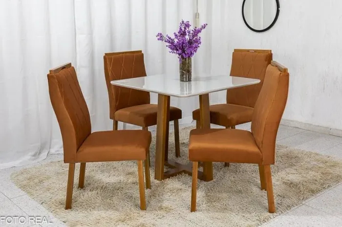 Mesa de Jantar 90x90 Vidro Off 4 Cadeiras Veludo Terracota Madeira Maciça 
