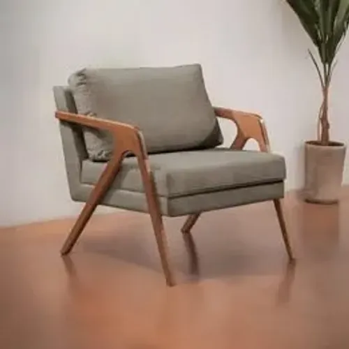 Poltrona Madeira Maciça Linho Cinza