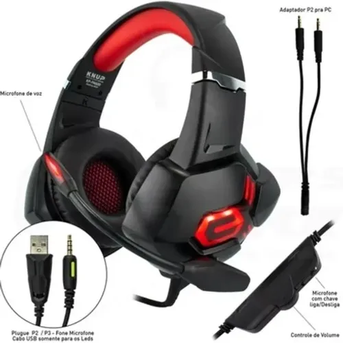 Headset Gamer Knup KP-FN600 Red Led Vermelho P3 + Adaptador P2 - WZetta