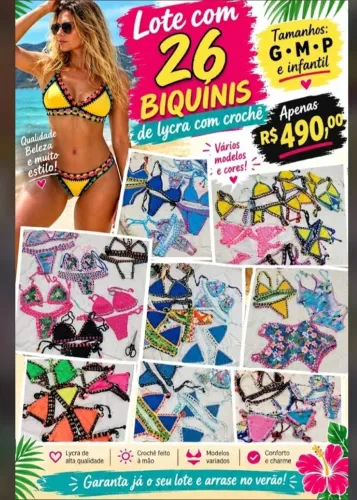 Lote de 26 biquínis novos de lycra com crochê diversos tamanhos.