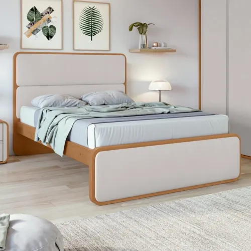 Cama casal Loop amêndoa Clean com cabeceira estofadas - ENTREGA HOJE !!! 