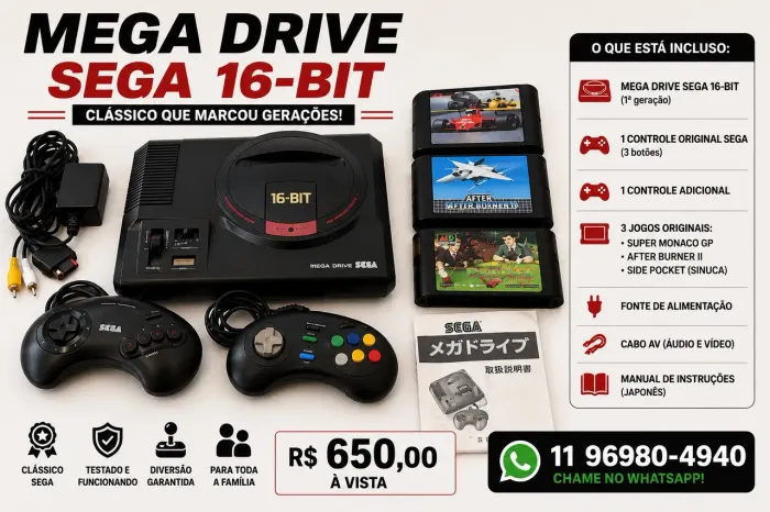 Mega Drive SEGA 16-Bit + 3 Jogos + 2 Controles + Manual