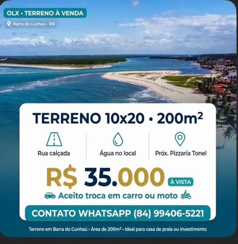 Terreno 10x20 na Barra do Cunhaú - Rua Calçada, com Água - Próximo Pizzaria Tonel - 200m²