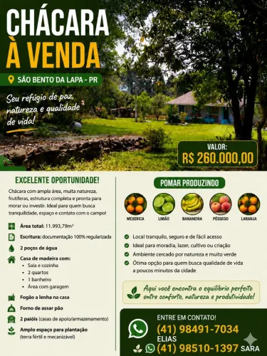 Vendo chácara em São Bento da Lapa PR.