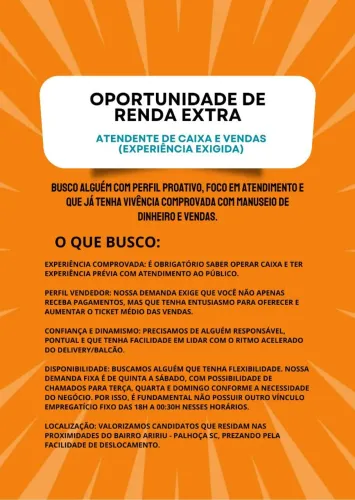 Oportunidade: Atendente de caixa e vendas 