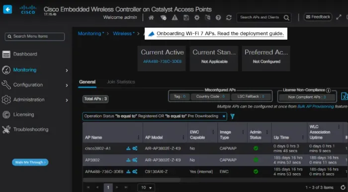 3 APs Cisco - 1 Catalyst 9130AXIZ e 2 Aironet 3802E