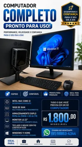 Computador NUC Intel i3 + Monitor 22" + Mouse e Teclado S/F