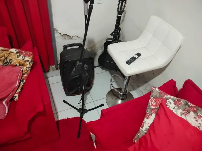Sofa, caixa de som,microfone , cadeira de musico
