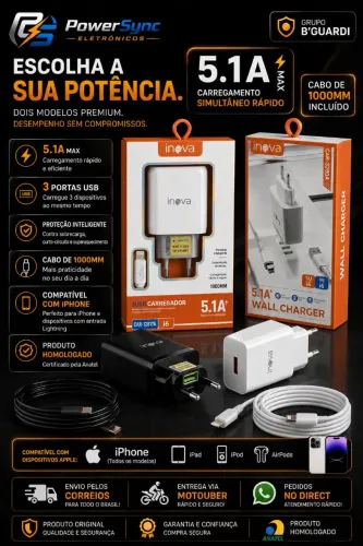 CARREGADOR INOVA 5.1A | 3 PORTAS USB + CABO