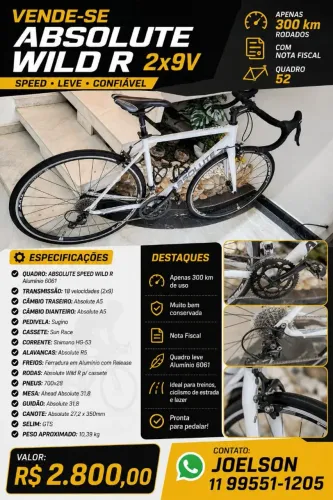 Speed Absolute Wild R 2x9V Quadro 52 | Apenas 300 km | Com Nota Fiscal | R$ 2.800