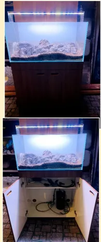LINDO AQUÁRIO COM MÓVEL PLANEJADO COM BOMBINHA PEDRAS AREIA ILUMINAÇÃO 