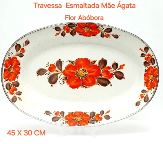 Travessa Oval Esmaltada Mãe Ágata Flor Abóbora 
