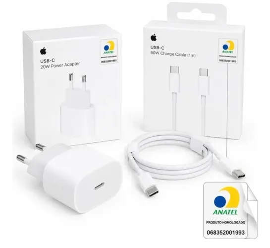 Kit carregador apple usb-c 20w e cabo 60w 1m