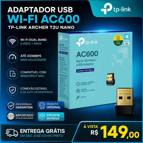 Adaptador Wi-Fi USB TP-Link T2U Nano AC600 Dual Band 5GHz Original Novo