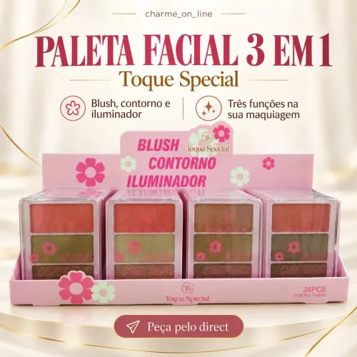 Paleta Facial 3 em 1 toque especial, blush, contorno e iluminador