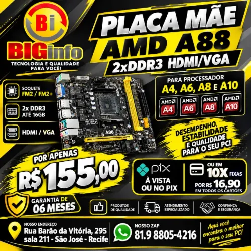 Placa Mãe Afox A88-ma5 Fm2 Fm2+ Ddr3 HDMI Vga - Em ate 10x Fixas