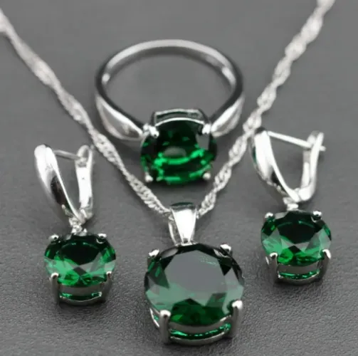 Conjunto Colar + Brincos + Anel Esmeralda em Prata 925 + Caixinha de Brinde (100% NOVO)