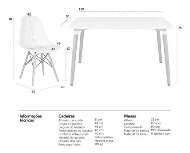 Conjunto mesa MDF 120x80 com 4 cadeiras Charles eames