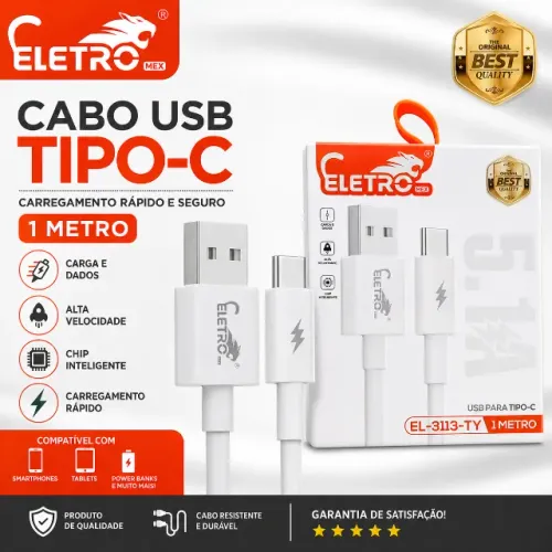 Cabo USB Tipo-C Eletro Mex 1 Metro Carregamento Rápido e Dados