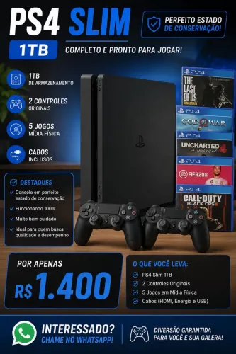 PS4 Slim 1TB + 2 Controles Originais + 5 Jogos