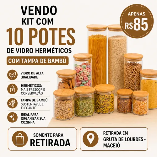 Kit de 10 potes em vidro com tampa de bambu