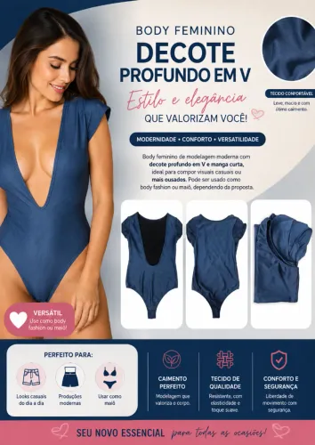 Body feminino cavado c/ decote profundo V (manga curta) modelagem moderna