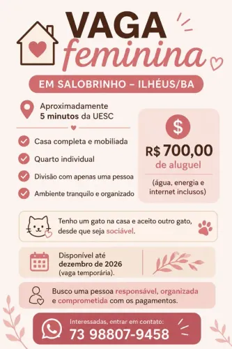 ? Vaga feminina em Salobrinho - Ilhéus/BA<br>