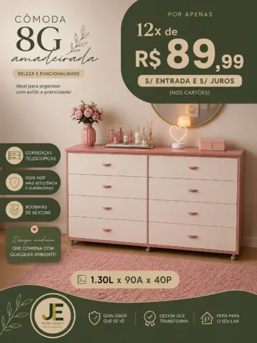 Comoda 8 gavetas rosê com rodinhas