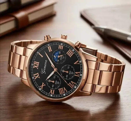 Relógio Masculino Cromado Bronze Pointer Geneva Quartzo Aço Inoxidável Moda Style Fashion