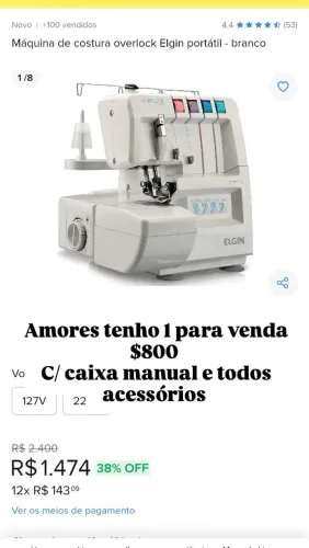 Máquina de costura overloque domestica elgin