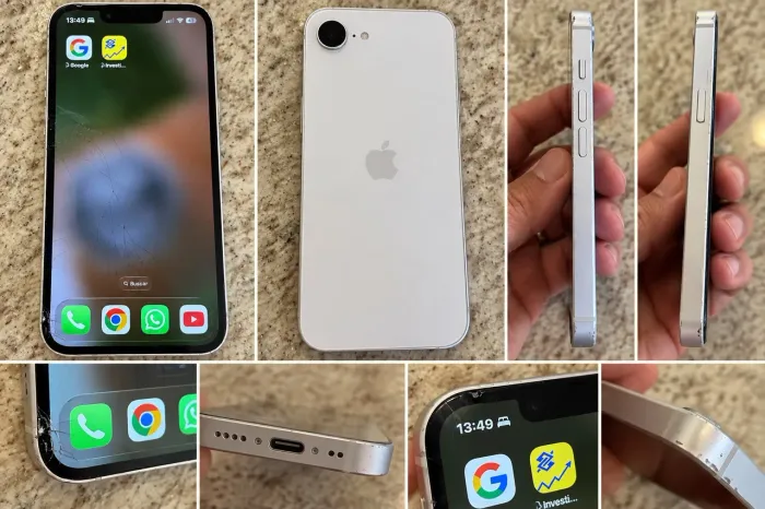 iPhone 16e 128GB branco c/ detalhes 