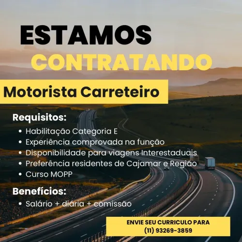 VAGA MOTORISTA CARRETEIRO URGENTE
