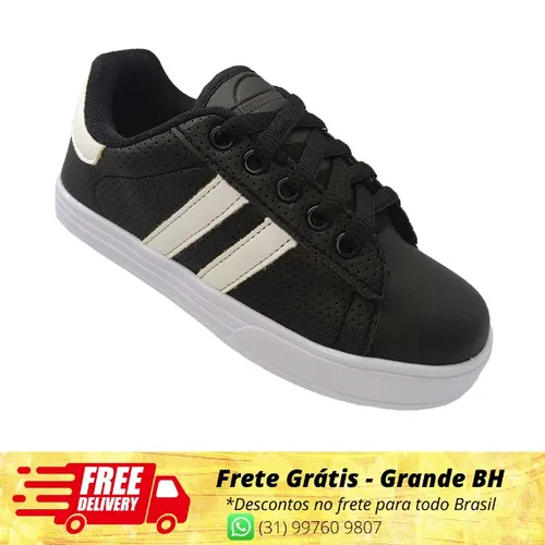 Tênis Unissex Infantil Street Casual Via Vip Preto Escolar Preto e Branco