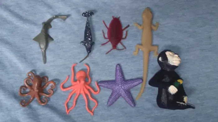 animais brinquedo macaco peixe serra polvo estrela marinha lagatixa barata